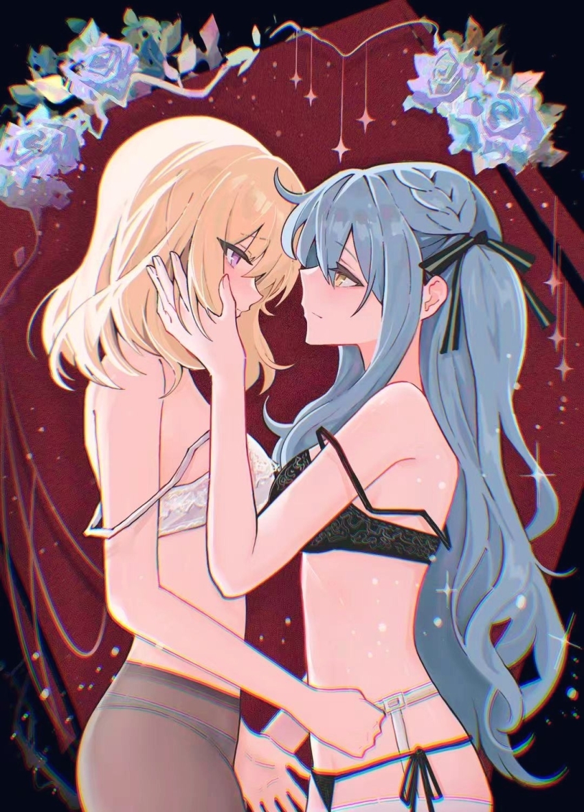 2girls, bang_dream!, bang_dream!_it's_mygo!!!!!, black_bra, black_panties, black_pantyhose, black_ribbon, blonde_hair