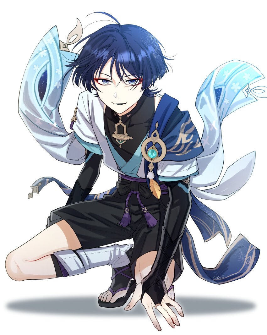 1boy, absurdres, anemo_symbol_(genshin_impact), armor, arms_at_sides, artist_name, black_bodysuit, black_bridal_gauntlets