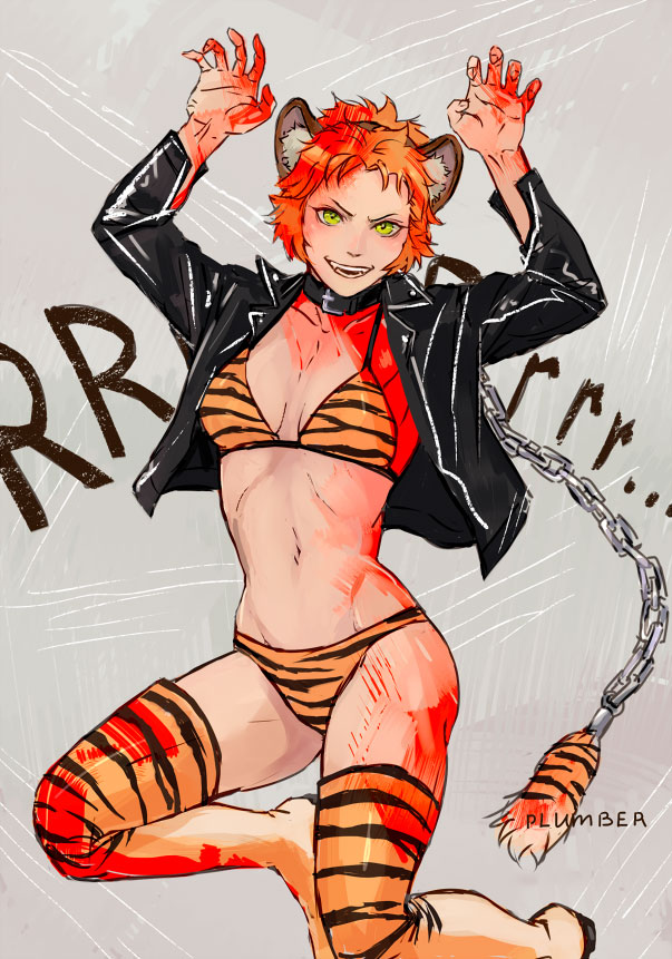 1girl, aira_kanae, animal_ears, animal_print, bikini, black_collar, black_jacket, blood