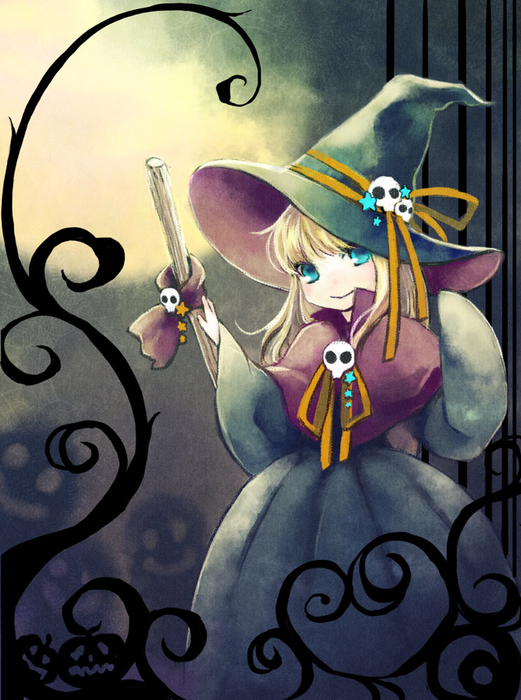 1girl, blonde_hair, blue_eyes, capelet, closed_mouth, full_moon, hat, hat_ornament