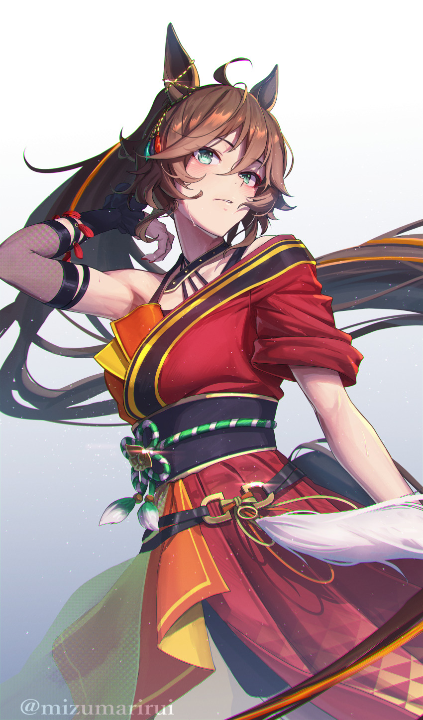 1girl, absurdres, animal_ears, aqua_eyes, armpits, blush, brown_hair, gradient_background