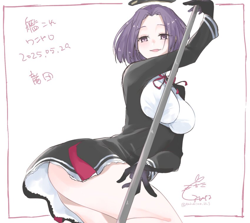 1girl, ass, black_dress, black_gloves, character_name, commentary_request, copyright_name, dated, dress, gloves, highres, kantai_collection, kurohina_(kurohina_66_s), looking_at_viewer, purple_eyes, purple_hair, short_hair, signature, simple_background, smile, solo, tatsuta_(kancolle), white_background