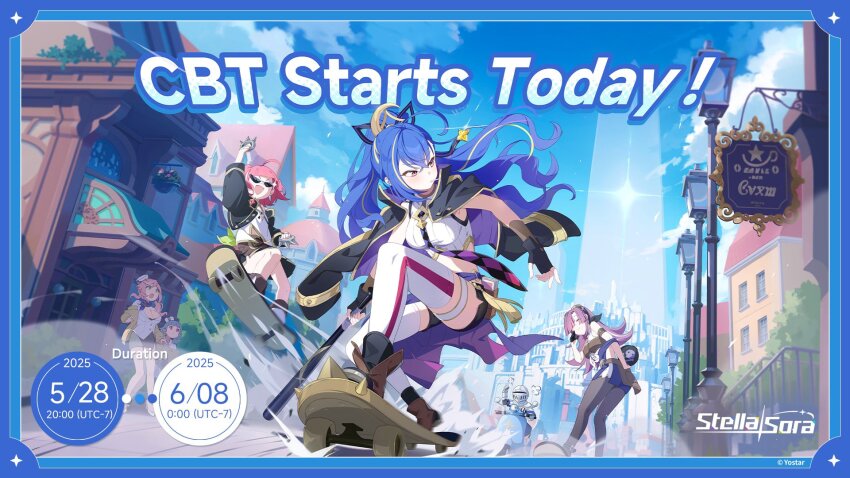 6+girls, ahoge, ashwind_clan_(stella_sora), black_boots, black_coat, black_pantyhose, black_shorts, blonde_hair