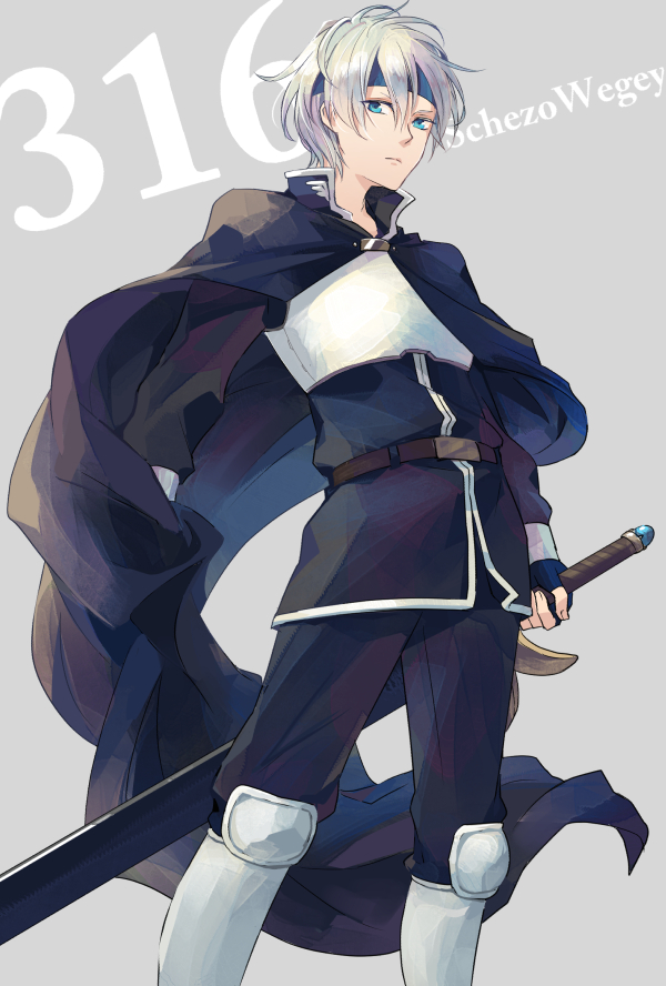 1boy, black_cape, black_pants, black_shirt, blue_eyes, blue_headband, cape, closed_mouth