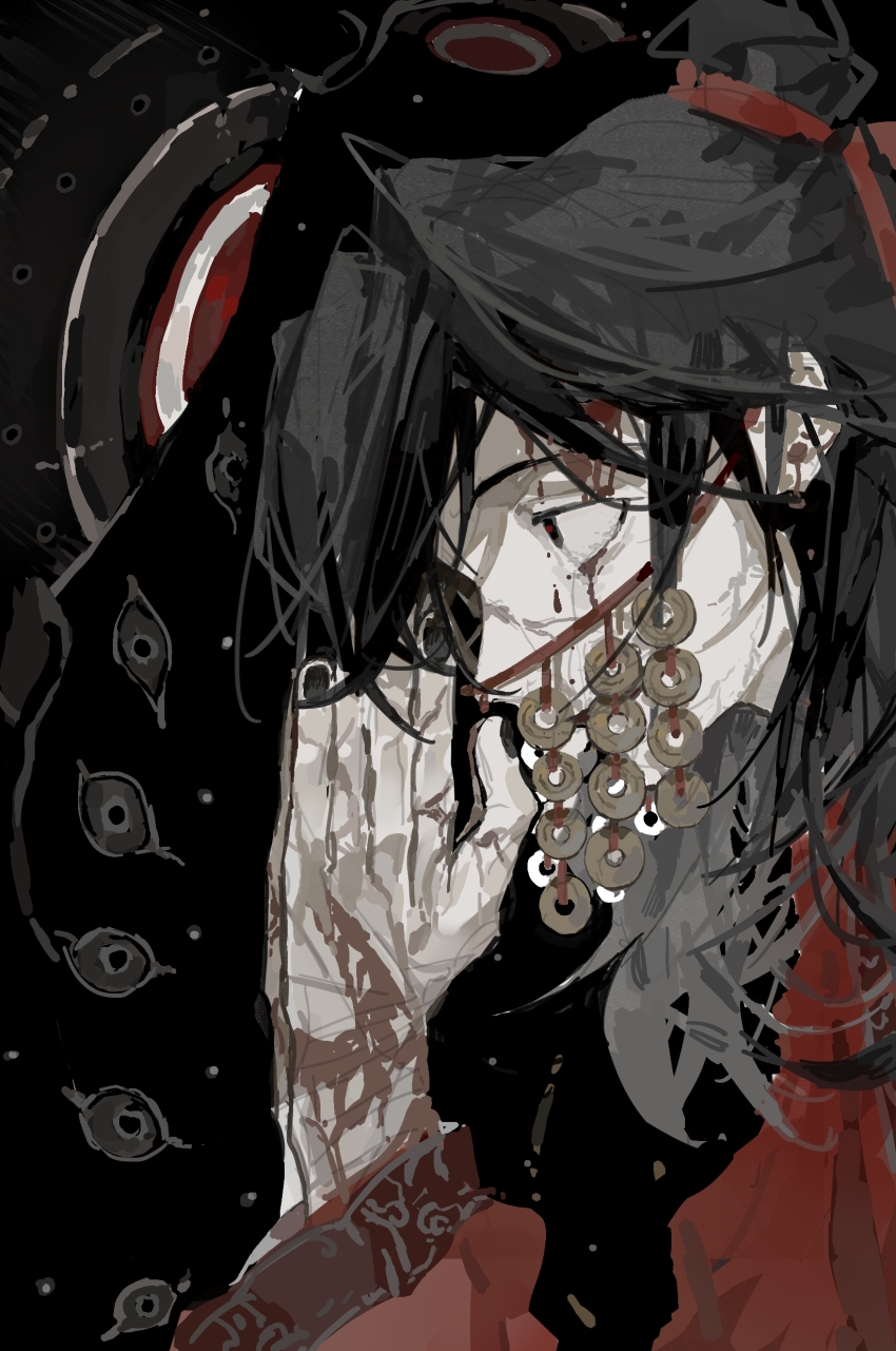 1boy, 1other, absurdres, ateveryone, black_background, black_eyes, black_hair, black_nails