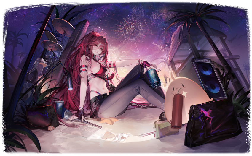:d, aerial_fireworks, amplifier, azur_lane, beach, black_gloves, black_nails, black_pants