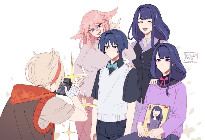 2boys, 3girls, alternate_costume, alternate_universe, animal_ears, arms_at_sides, artist_name, black_eyes, black_hair, black_shirt, black_sleeves, black_vest, blue_bow, blue_bowtie, blunt_bangs, blunt_ends, blush, bow, bowtie, brother_and_sister, casual, closed_eyes, closed_mouth, collared_shirt, contemporary, empty_eyes, expressionless, eyeliner, eyeshadow, facing_another, family, fingernails, fox_ears, fox_shadow_puppet, genshin_impact, genshinribu, grey_sleeves, grey_sweater, group_picture, hair_between_eyes, hair_intakes, hand_on_another's_shoulder, hand_on_own_hip, hand_up, hand_wraps, highres, hood, hooded_jacket, jacket, kaedehara_kazuha, lapels, leaf_print, long_hair, long_sleeves, looking_at_another, low_ponytail, makeup, makoto_(genshin_impact), mother_and_child, mother_and_daughter, mother_and_son, multicolored_hair, multiple_boys, multiple_girls, open_mouth, pants, parent_and_child, pink_bow, pink_bowtie, pink_hair, pink_nails, ponytail, portrait_(object), purple_eyes, purple_hair, purple_nails, purple_shirt, purple_sweater, raiden_shogun, red_eyeliner, red_eyeshadow, red_hair, red_hood, scaramouche_(genshin_impact), shirt, short_sleeves, siblings, sidelocks, sitting, skirt, sleeveless, sleeveless_jacket, split_mouth, standing, streaked_hair, sweatdrop, sweater, sweater_vest, swept_bangs, unamused, v-shaped_eyebrows, vest, white_hair, white_pants, white_skirt, white_sweater_vest, yae_miko