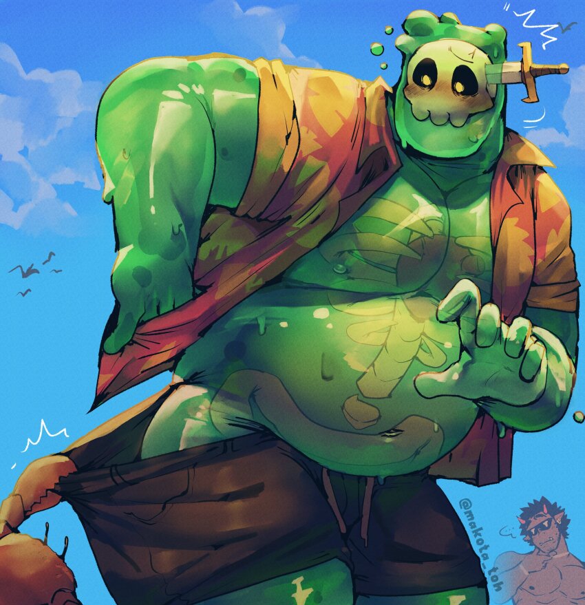 2boys, ^^^, absurdres, bara, big_belly, black_shorts, blue_sky, blush