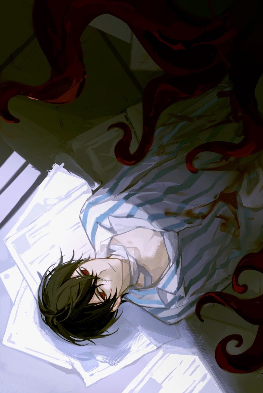 1boy, abaabaaba93812, alternate_universe, bandaged_neck, bandages, black_hair, blood, blood_on_clothes