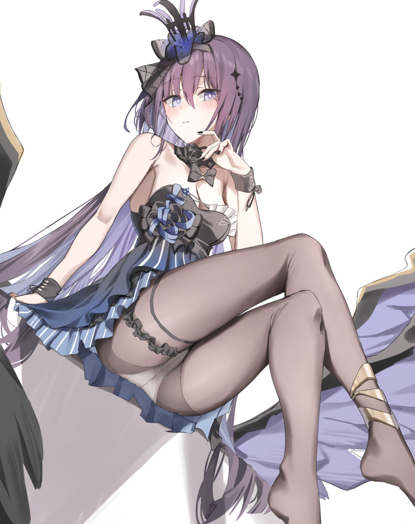 1girl, absurdres, black_dress, black_nails, black_pantyhose, blue_eyes, blush, breasts