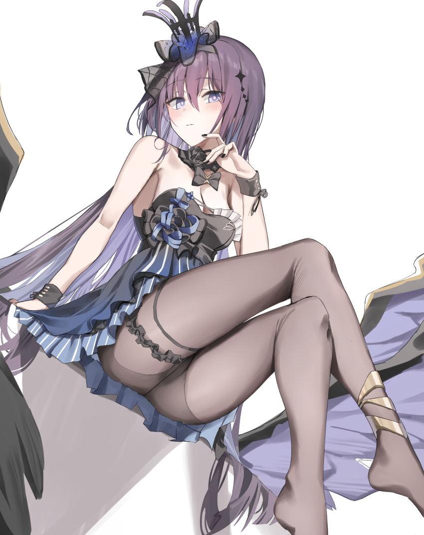 1girl, absurdres, black_dress, black_nails, black_pantyhose, blue_eyes, blush, breasts, cleavage, closed_mouth, colored_inner_hair, commentary, commission, crossed_legs, dress, english_commentary, highres, honkai_(series), honkai_impact_3rd, long_hair, medium_breasts, multicolored_hair, no_shoes, official_alternate_costume, pantyhose, purple_hair, scarlet_(wv0102), seele_vollerei, seele_vollerei_(eternal_night's_embrace), seele_vollerei_(herrscher_of_rebirth), simple_background, sitting, solo, two-tone_hair, very_long_hair, white_background