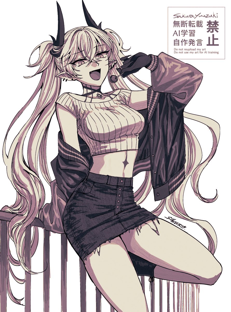 1girl, alternate_costume, body_markings, breasts, candy, colored_extremities, denim, denim_skirt