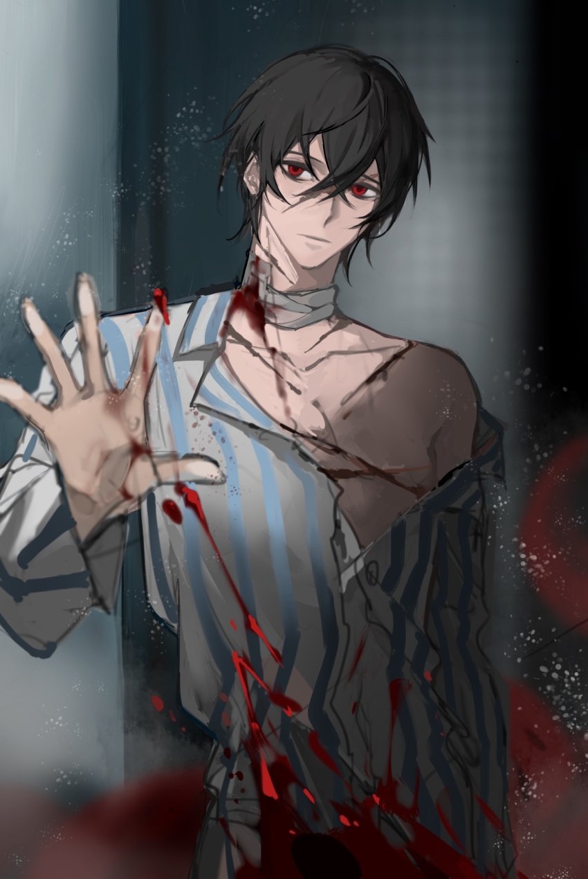 1boy, abaabaaba93812, alternate_universe, bandaged_neck, bandages, black_hair, bleeding, blood
