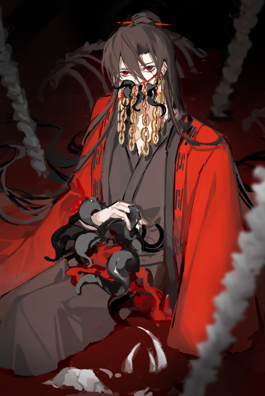 1boy, abaabaaba93812, black_background, black_hair, black_hanfu, blood, blurry, bone