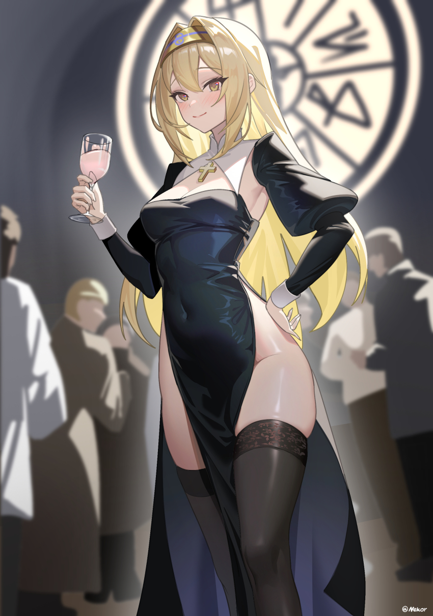 1girl, 6+others, absurdres, alternate_costume, armpits, bare_hips, blonde_hair, blurry, blurry_background, breasts, cleavage, cleavage_cutout, clothing_cutout, cocktail, cocktail_glass, covered_navel, cross, cup, depth_of_field, dress, drinking_glass, exosister_gibrine, exosister_irene, groin, hair_between_eyes, hair_intakes, hand_on_own_hip, highleg, highleg_dress, highres, holding, holding_cup, indoors, latin_cross, light_smile, long_hair, looking_at_viewer, medium_breasts, multiple_others, nun, pesto_spaghetti, side_slit, skindentation, solo_focus, thick_thighs, thighhighs, thighs, tsurime, very_long_hair, wrist_cuffs, yellow_eyes, yu-gi-oh!