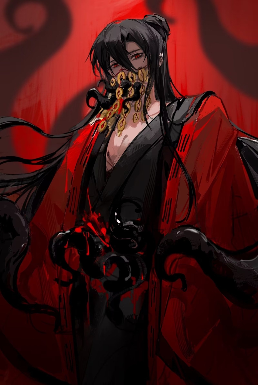 1boy, abaabaaba93812, black_hair, black_hanfu, blood, blood_on_chest, blood_on_clothes, chinese_clothes, chinese_commentary, coat, coin, coin_mask, covered_mouth, creature, dao_gui_yi_xian, hair_between_eyes, hair_bun, half_updo, hanfu, highres, holed_coin, injury, li_huowang, li_sui_(tentacles), long_hair, long_sleeves, looking_at_viewer, male_focus, mask, mouth_hold, mouth_veil, open_clothes, open_coat, pectoral_cleavage, pectorals, red_background, red_coat, red_eyes, red_theme, robe, single_hair_bun, solo, tentacle_in_mouth, tentacles, tentacles_on_male, tentacles_under_clothes, veil, very_long_hair