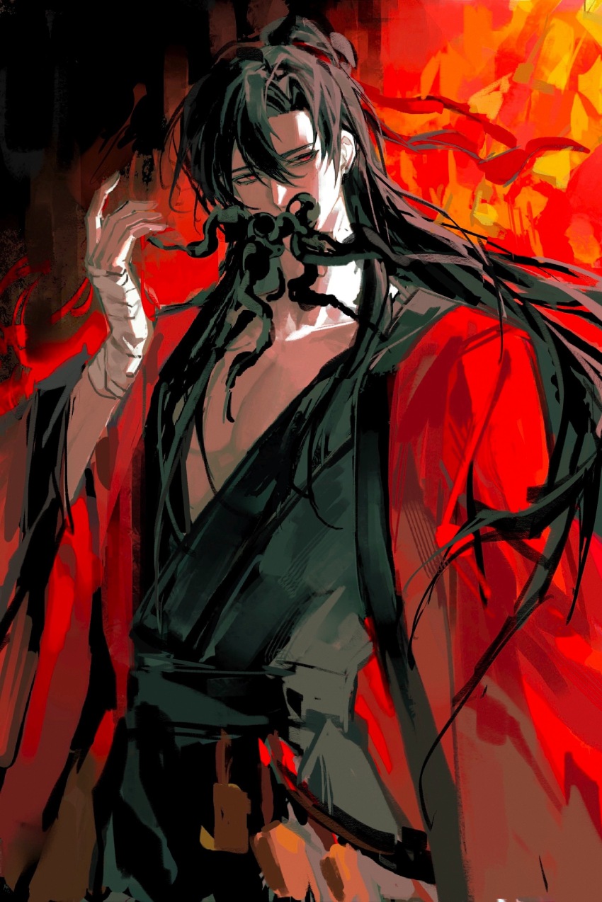 1boy, abaabaaba93812, bandaged_hand, bandaged_wrist, bandages, black_hair, black_hanfu, chinese_clothes