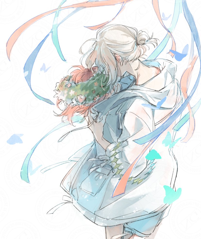 001e43_ee7800, 1boy, 1girl, baggy_clothes, bouquet, bug, butterfly, covered_face, fate/grand_order, fate_(series), flower, fujimaru_ritsuka_(female), hair_bun, holding, holding_bouquet, hood, hooded_jacket, insect, jacket, oberon_(fate), oberon_(refreshing_summer_prince)_(fate), open_clothes, open_jacket, orange_hair, simple_background, white_background, white_hair, white_jacket