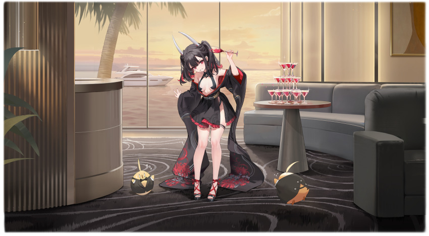1girl, absurdres, artist_request, azur_lane, bare_shoulders, beach, bird, black_hair, black_kimono, black_one-piece_swimsuit, black_shoes, breasts, breasts_apart, check_artist, cleavage_cutout, clothing_cutout, cocktail_glass, colored_inner_hair, couch, cup, detached_sleeves, drinking_glass, floral_print, full_body, hair_between_eyes, hair_on_horn, hair_ornament, hand_up, hatsuzuki_(azur_lane), hatsuzuki_(luxurious_celebration_time)_(azur_lane), high_heels, highres, holding, horns, indoors, japanese_clothes, kimono, long_hair, long_sleeves, looking_at_viewer, manjuu_(azur_lane), medium_breasts, medium_hair, multicolored_hair, nekojira, non-web_source, ocean, off_shoulder, official_alternate_costume, official_art, one-piece_swimsuit, orange_sky, palm_tree, petite, plant, potted_plant, red_eyes, red_hair, red_nails, ribbon, shoes, side_slit, sky, sleeves_past_wrists, smile, solo, standing, sunset, swimsuit, swimsuit_under_clothes, table, thigh_strap, thighs, tree, twintails, two-tone_hair, very_long_sleeves, water, watercraft, wide_sleeves, window, wine_glass