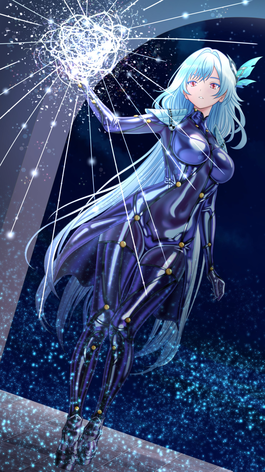 1girl, absurdres, armor, blue_hair, bodysuit, breasts, commentary_request, cosplay