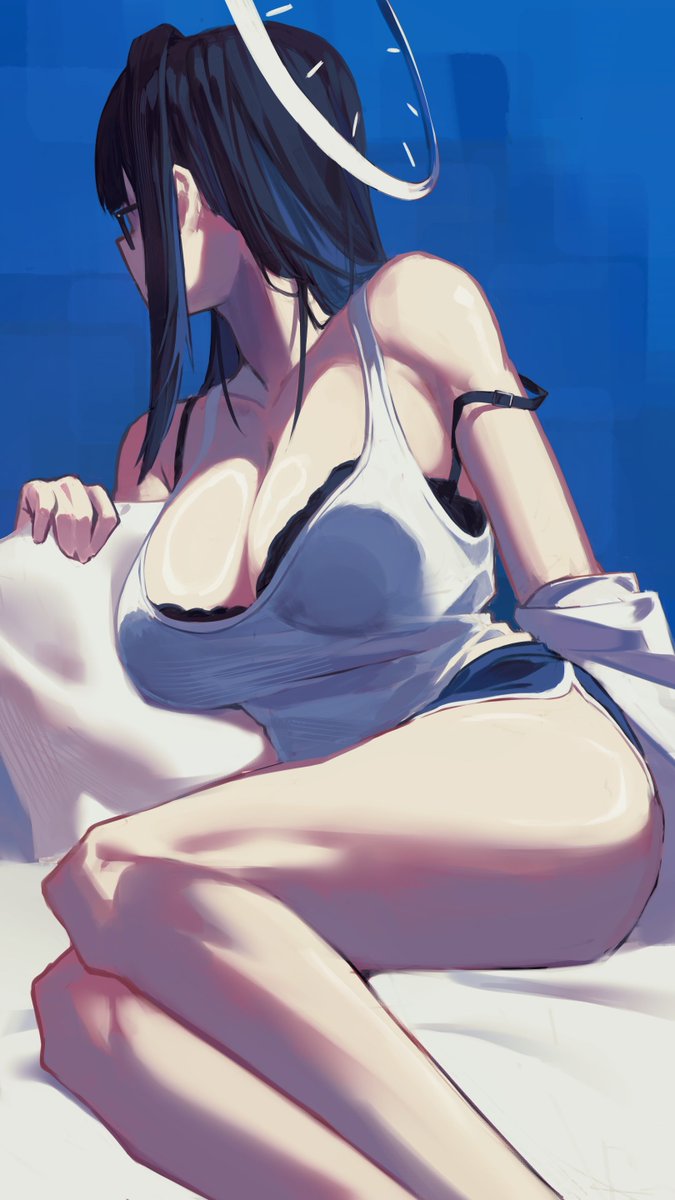 1girl, alternate_costume, black_bra, black_hair, blue_shorts, bongk, bra, breasts, cleavage, dolphin_shorts, glasses, halo, highres, hololive, hololive_english, huge_breasts, micro_shorts, ouro_kronii, shorts, solo, tank_top, underwear, virtual_youtuber, white_halo, white_tank_top