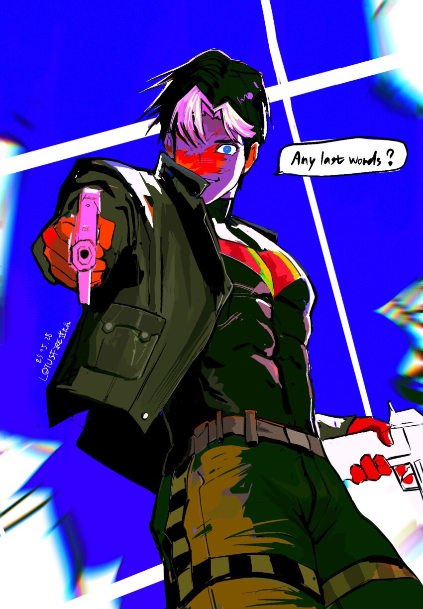 1boy, aiming, batman_(series), batman_symbol, black_bodysuit, black_hair, blue_eyes, bodysuit