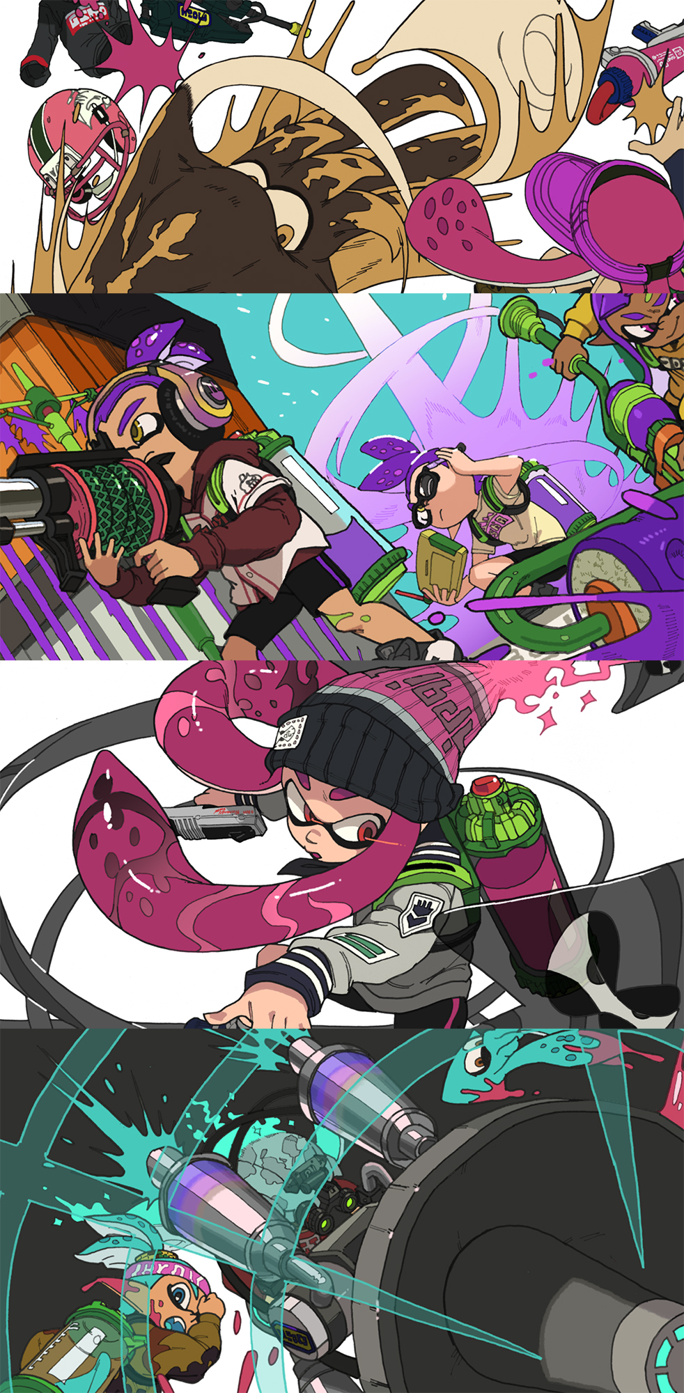 3boys, 4girls, beanie, black-framed_eyewear, black_hat, blue_neckerchief, blue_sailor_collar, closed_mouth