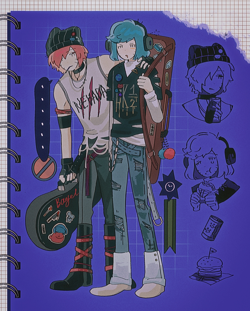2boys, absurdres, animal_hat, bagel_(xinjinjumin900341874831), beanie, blue_background, blue_hair, boots