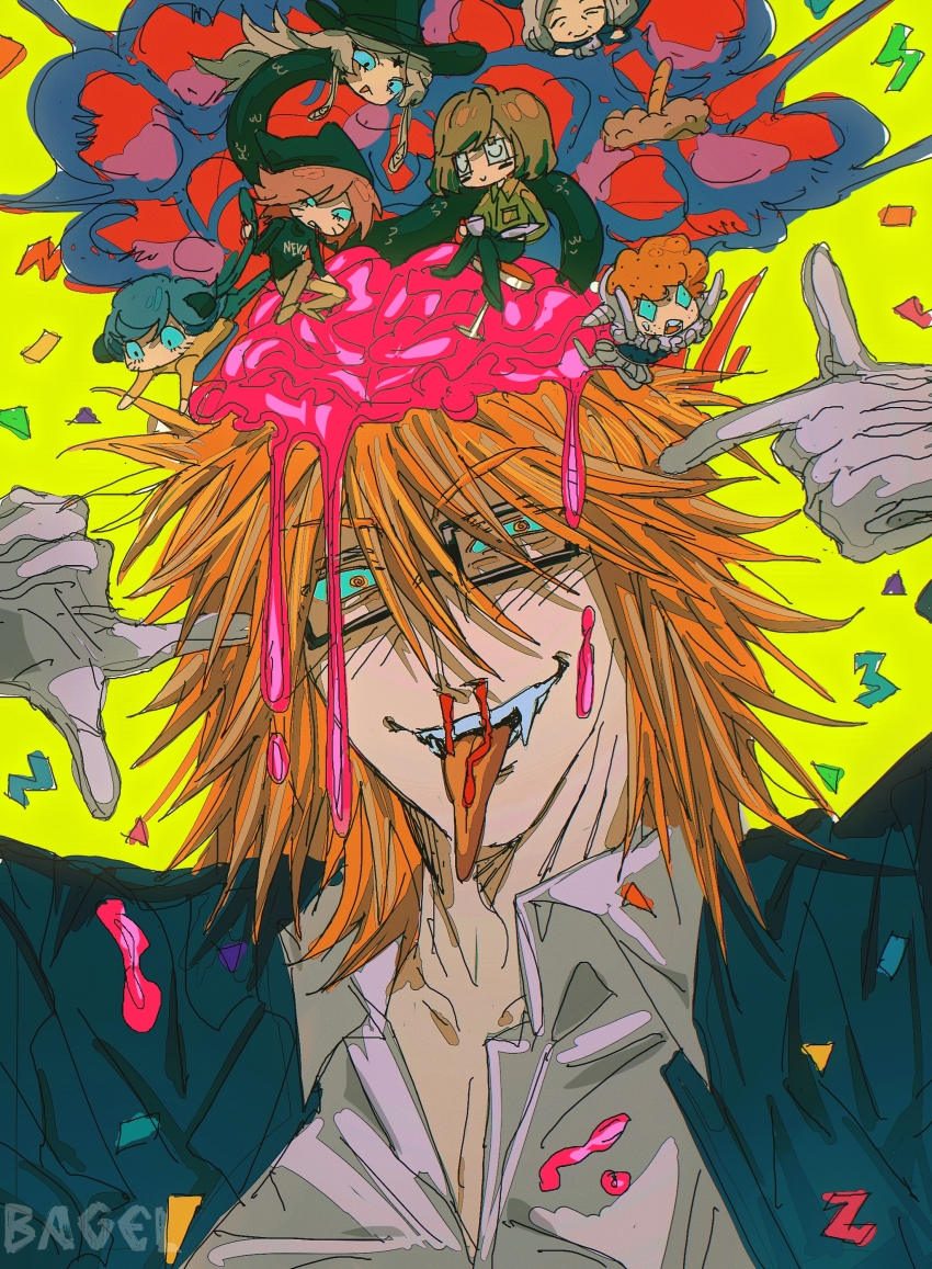 2girls, 6+boys, absurdres, bagel_(xinjinjumin900341874831), blood, brain, confetti, etheral_q, everyone, explosion, exposed_brain, fangs, glasses, hands_up, highres, jacket, kitty_carpet_(randal's_friends), looking_at_viewer, luther_von_ivory, medium_hair, mini_person, miniboy, minigirl, multiple_boys, multiple_girls, nana_(randal's_friends), nosebleed, nyen_(randal's_friends), nyon_(randal's_friends), orange_eyes, orange_hair, randal's_friends, randal_ivory, sebastian_de_tomato_smith_chicken_legs, tongue, tongue_out, yellow_background