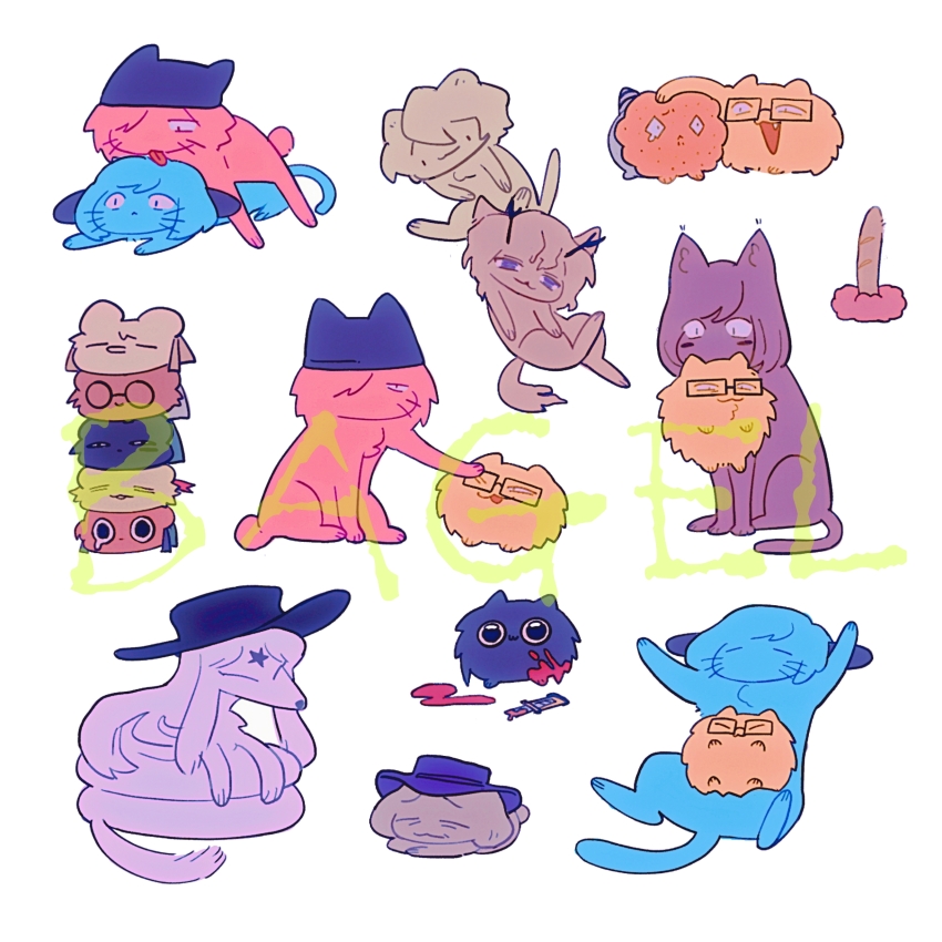 absurdres, animal, animal_hat, animalization, bagel_(xinjinjumin900341874831), blood, boxcutter, cat, cat_hat, dog, etheral_q, glasses, hat, highres, hitchhiker_a_(randal's_friends), hitchhiker_b_(randal's_friends), kinder_surprised_michael_jr., licking_another, luther_von_ivory, mouth_hold, nana_(randal's_friends), no_humans, nyen_(randal's_friends), nyon_(randal's_friends), present_day_problem_takeuchi_robert, randal's_friends, randal_ivory, ratman_3_(randal's_friends), ratman_4_(randal's_friends), ratman_5_(randal's_friends), sebastian_de_tomato_smith_chicken_legs, simple_background, tsukada_satoru, white_background