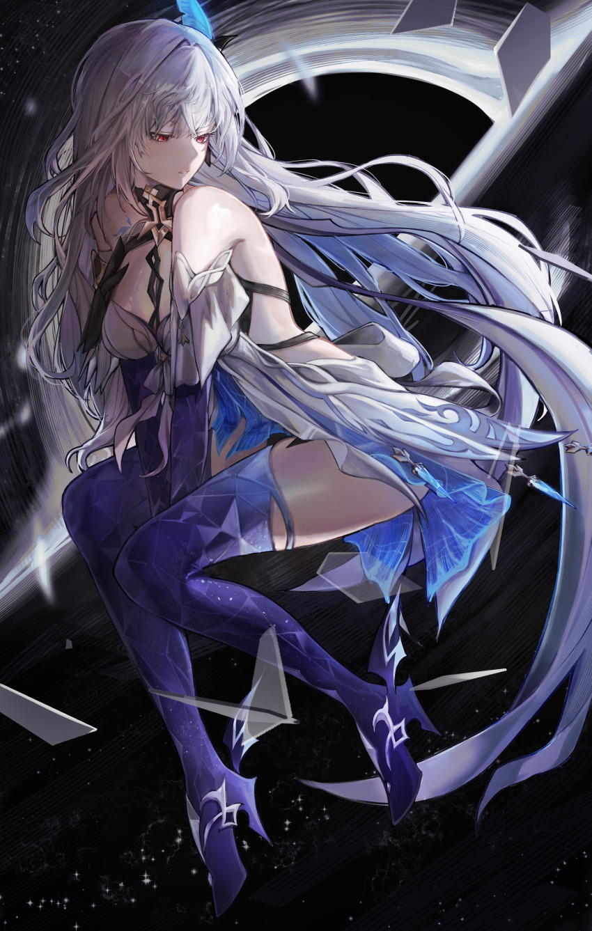 1girl, absurdres, bare_shoulders, black_collar, black_hole, boots, breasts, collar