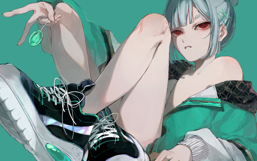 1boy, absurdres, aqua_background, aqua_jacket, bare_legs, black_shoes, blunt_bangs, candy