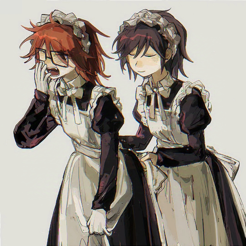 2boys, apron, back_bow, black_dress, bow, brown_hair, closed_eyes, cowboy_shot