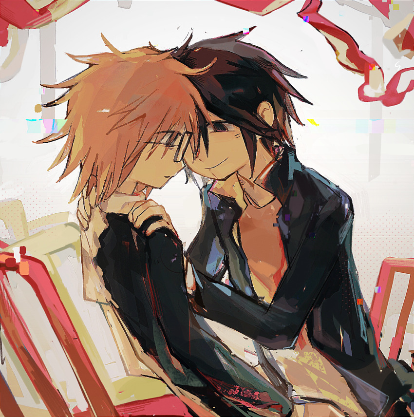 2boys, brown_eyes, brown_hair, chair, chinese_commentary, commentary_request, eye_contact, gakuran