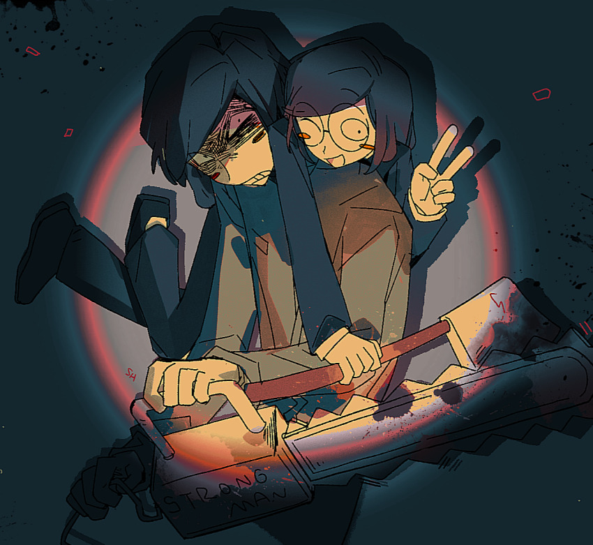 2boys, aged_down, axe, axe_luther, black_hair, blush_stickers, carrying_over_shoulder, chainsaw