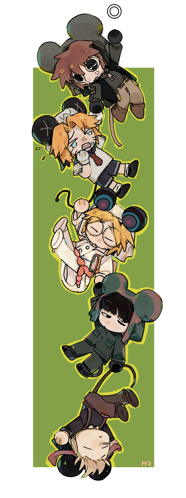 5boys, blonde_hair, brown_hair, chibi, chinese_commentary, commentary_request, crying, green_background