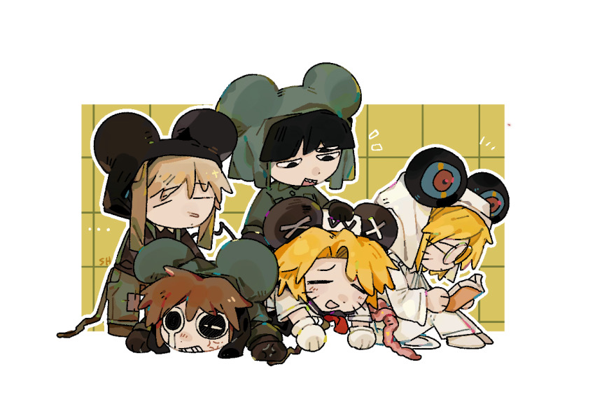 5boys, black_hair, blonde_hair, book, brown_hair, chibi, chinese_commentary, commentary_request
