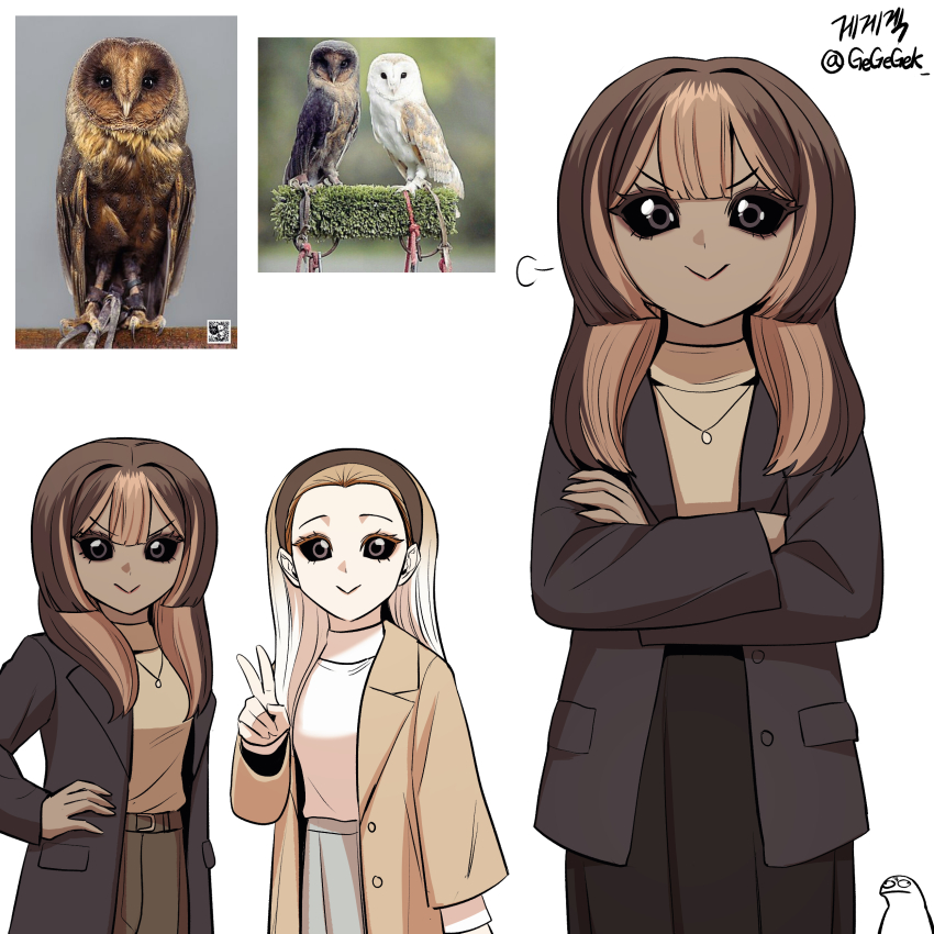 2girls, :>, absurdres, artist_name, artist_self-insert, barn_owl, barn_owl_(gegegekman), belt, bird, black_sclera, brown_eyes, brown_hair, collared_jacket, colored_sclera, creature_and_personification, crossed_arms, dark-skinned_female, dark_skin, gegegekman, gradient_hair, hair_between_eyes, hair_pulled_back, hairband, hand_on_own_hip, highres, jacket, jewelry, long_hair, looking_at_viewer, multicolored_hair, multiple_girls, multiple_views, necklace, open_clothes, open_jacket, original, owl, owl_girl, personification, photo_inset, reference_inset, signature, skirt, solo_focus, sweater, turtleneck, turtleneck_sweater, two-tone_hair, v, v-shaped_eyebrows, white_background, white_hair