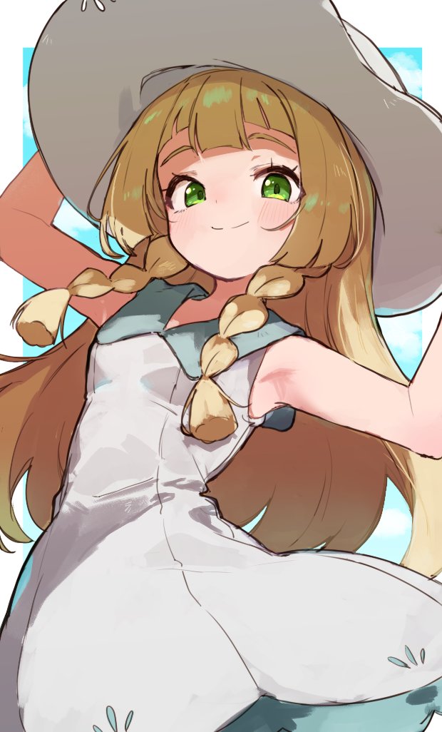 1girl, armpits, blonde_hair, braid, closed_mouth, dress, green_eyes, hat