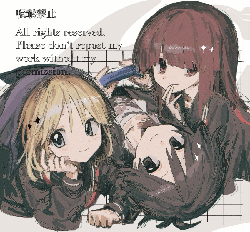 1boy, 2girls, avalona, black_hair, black_serafuku, blonde_hair, brown_hair, commentary_request