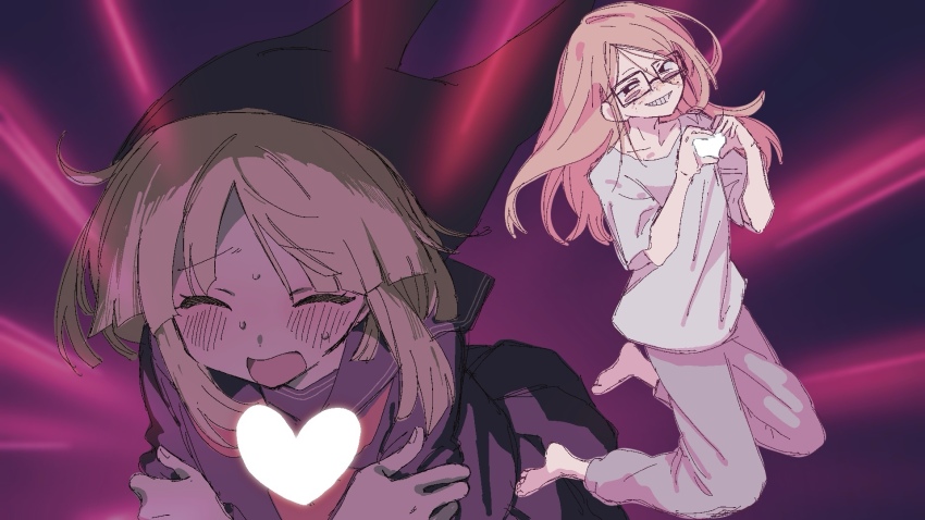 1boy, 1girl, aged_up, avalona, blush, bucchigiri?!, closed_eyes, commentary_request, freckles, glasses, grey_shirt, grin, heart, heart_hands, hetero, highres, kneeling, komiroku, long_hair, love_je_t'aime, orange_hair, purple_background, randal's_friends, randal_ivory, school_uniform, serafuku, shirt, smile