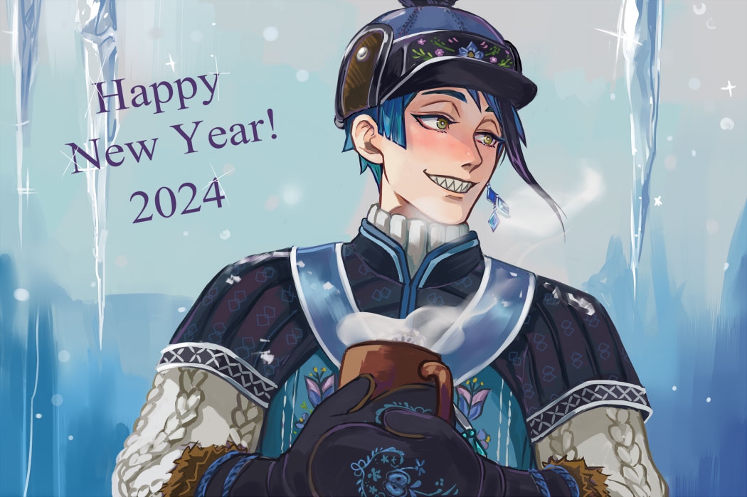 1boy, black_hair, black_mittens, blue_hair, blue_hat, blush, commentary_request, cup