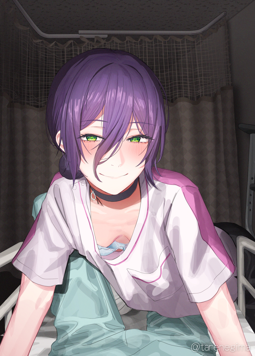 1girl, 1other, absurdres, black_choker, blush, bra, bra_peek, breasts, chainsaw_man, choker, closed_mouth, curtains, downblouse, green_eyes, hair_between_eyes, hair_bun, highres, indoors, looking_at_viewer, nurse, pink_shirt, purple_hair, reze_(chainsaw_man), shirt, small_breasts, smile, tare_negima, two-tone_shirt, underwear, white_shirt