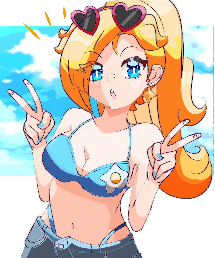1girl, :o, absurdres, alternate_costume, alternate_hairstyle, bare_shoulders, bikini, bikini_bottom_under_shorts, bikini_under_clothes, blonde_hair, blue_bikini, blue_eyes, blue_nails, blue_shorts, breasts, cleavage, commentary, double_v, earrings, english_commentary, eyewear_on_head, heart, heart-shaped_eyewear, highres, hoshinokotta, jewelry, long_hair, looking_at_viewer, mario_(series), navel, nintendo, open_mouth, ponytail, rosalina, shorts, solo, star_(symbol), star_earrings, sunglasses, swimsuit, teeth, upper_teeth_only, v