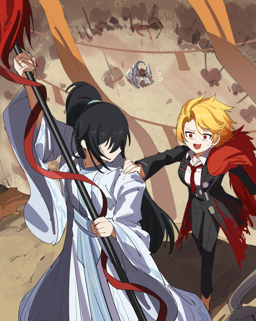 1boy, 2girls, absurdres, black_coat, black_hair, black_pants, blonde_hair, coat