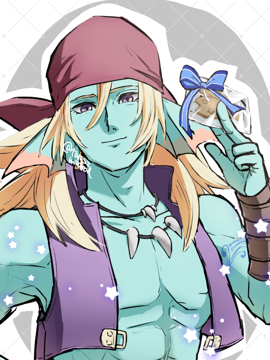 1boy, arm_tattoo, bandana, blonde_hair, blue_bow, blue_skin, bow, bracer