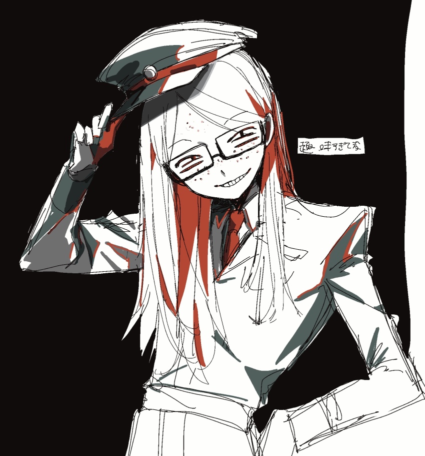 1boy, aged_up, black_background, coat, commentary_request, grin, hand_on_own_hip, hat