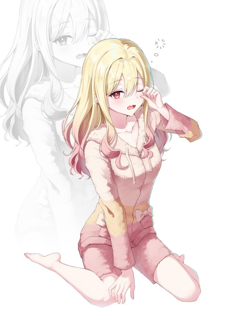 1girl, alternate_costume, barefoot, blonde_hair, bow, breasts, collarbone, commentary