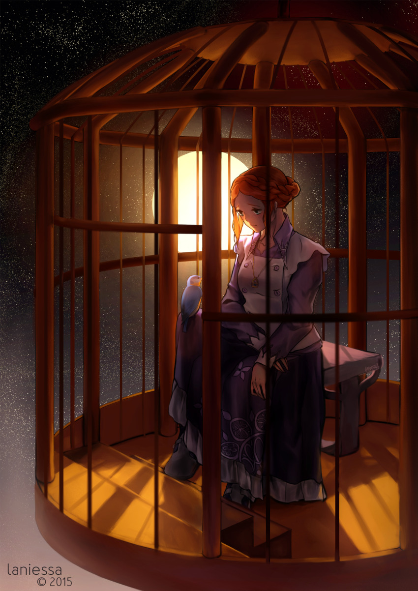 1girl, adirosa, artist_name, bird, birdcage, blue_bird, cage, closed_mouth