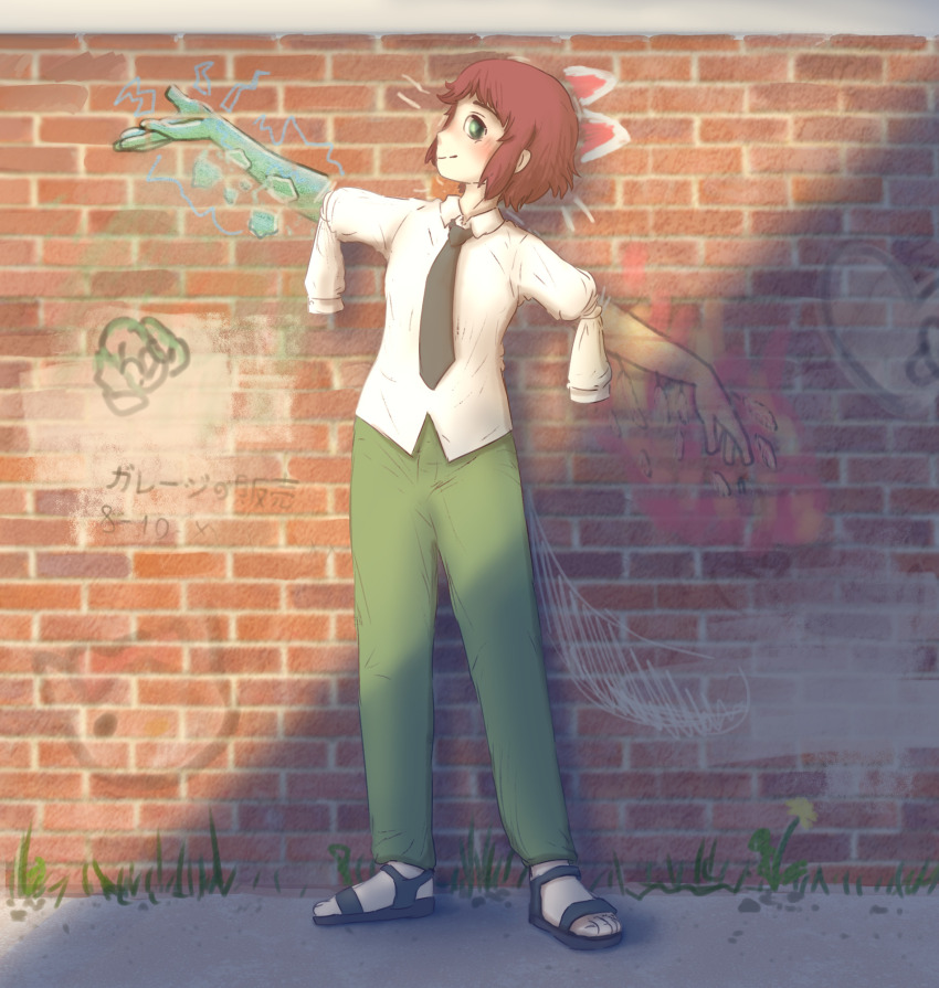 1girl, amputee, androgynous, armless_amputee, black_necktie, black_sandals, blush, brick_wall, closed_mouth, collared_shirt, commentary, commission, dirk-menace, double_amputee, english_commentary, flower, graffiti, grass, green_eyes, green_pants, highres, katawa_shoujo, necktie, pants, red_hair, sandals, school_uniform, shirt, short_hair, sleeve_tied_shut, smile, solo, standing, textless_version, tezuka_rin, white_shirt, yamaku_high_school_uniform